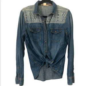 Roxy Denim Snap Button Aztec Long Sleeve Shirt, L
